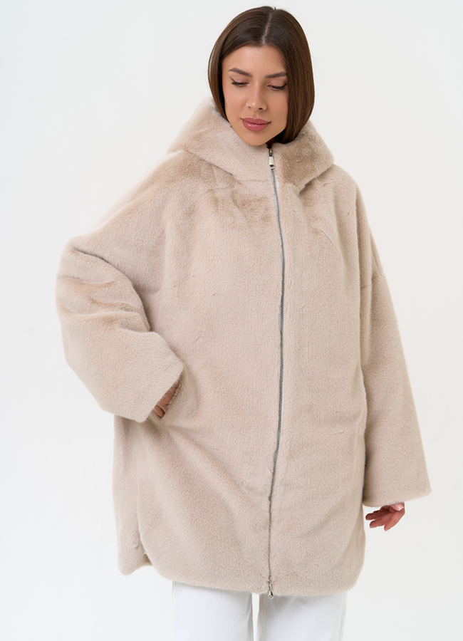 Женская шуба из экомеха с капюшоном модель № 31277 меха малина