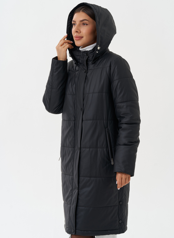 Пуховик из эко кожи с капюшоном