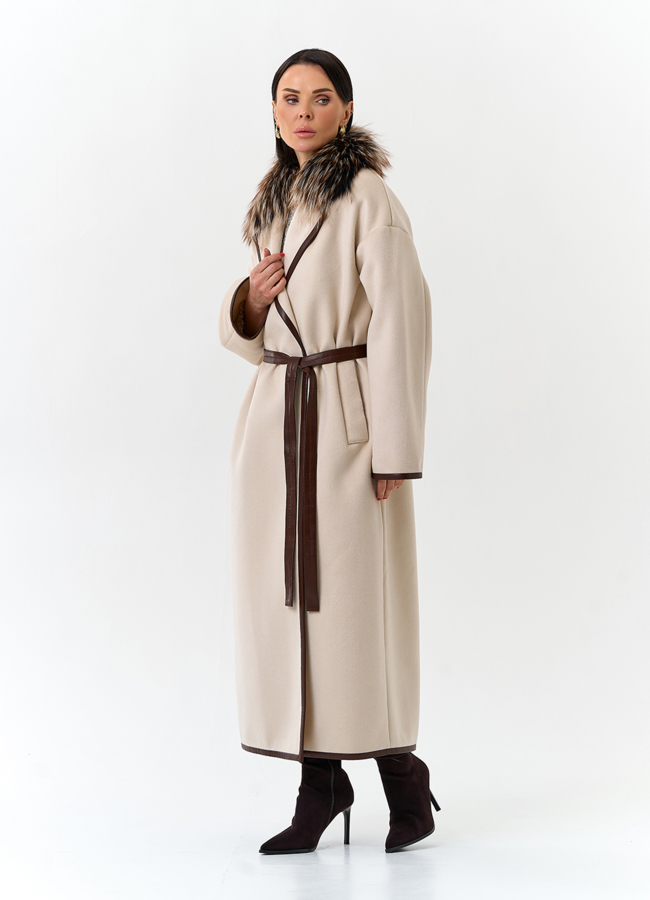 Женское длинное пальто с отделкой из меха лисы модель № 32650 универмаг малина