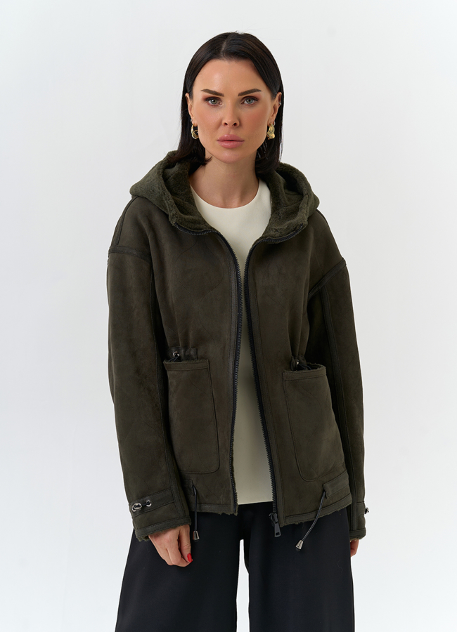 Женская дубленка из эко замши с капюшоном модель № 32585 универмаг малина