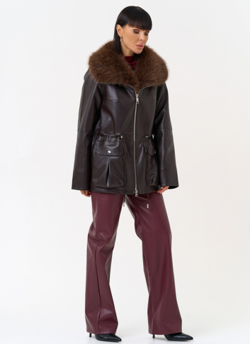 Удлиненная куртка из эко кожи с воротником из эко меха
