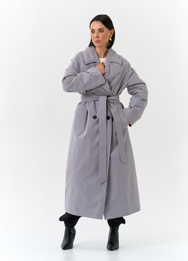 Женский утепленный плащ с английским воротником модель № 32576 меха малина