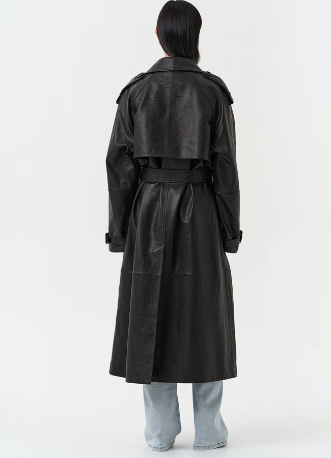 фото Длинный плащ из натуральной кожи черного цвета модель № 30626