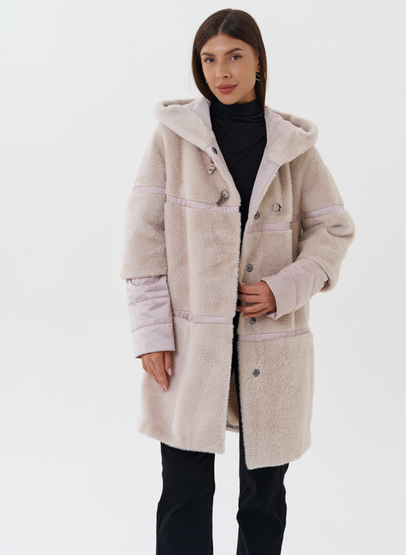 Комбинированное пальто из эко меха с капюшоном