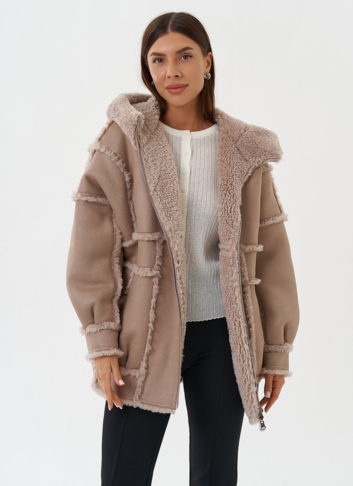 Двухсторонняя эко дубленка с капюшоном