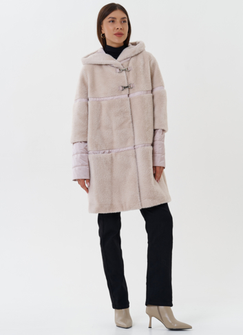 Комбинированное пальто из эко меха с капюшоном