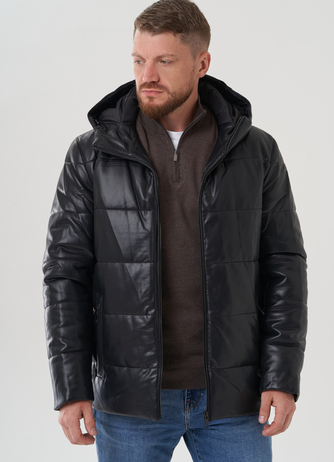 Пуховик мужской из эко кожи с капюшоном  модель № 81843 в кредит