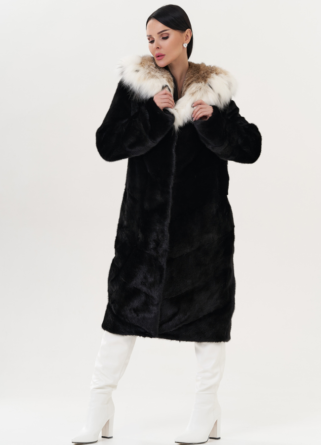 Норковая шуба черного цвета с рысью модель № 25004 универмаг малина