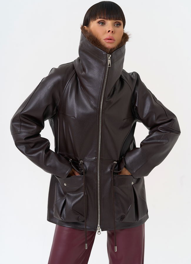 Удлиненная куртка из эко кожи с воротником из эко меха модель № 31541 в кредит