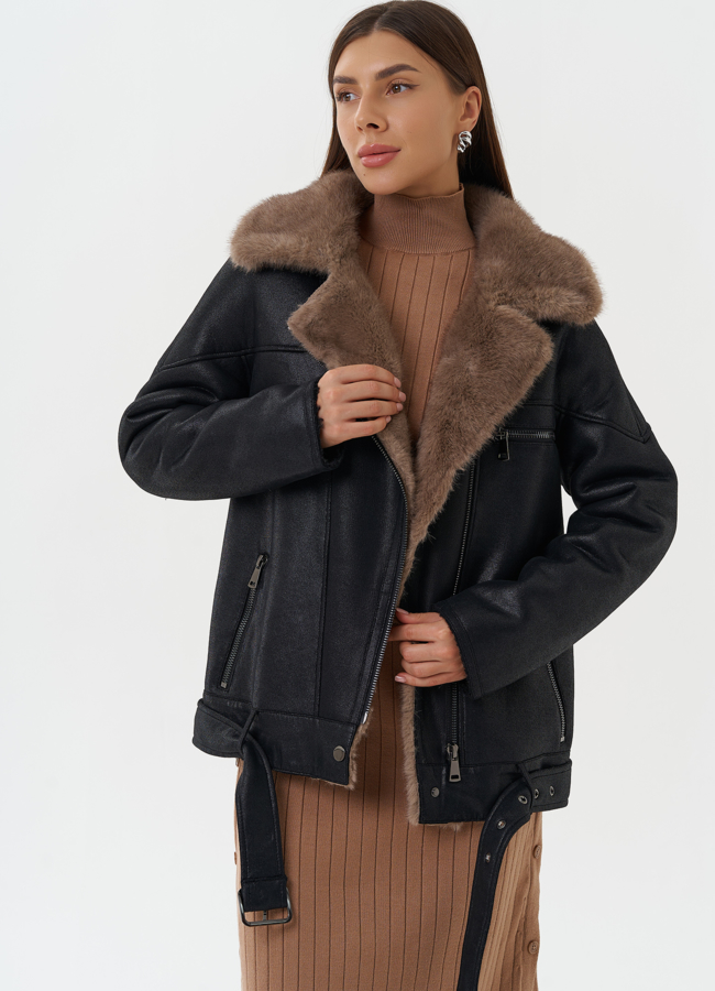 Дубленка из эко кожи черного цвета модель № 27756 в рассрочку