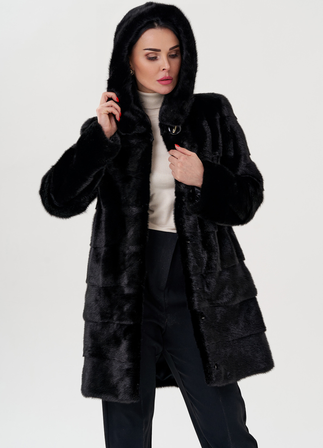 Шуба из норки с капюшоном черного цвета модель № 24727 универмаг малина