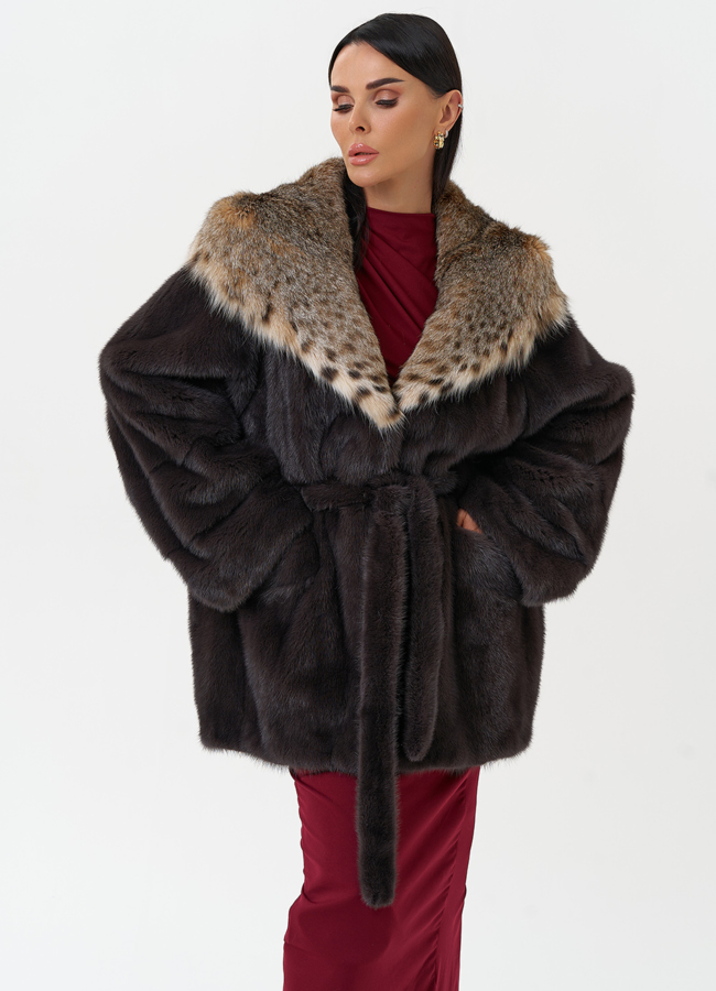 Женская шуба из меха норки с капюшоном из меха рыси модель № 31164 меха малина