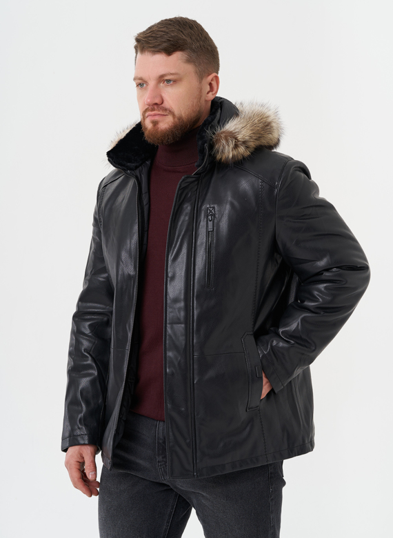 Пуховик из эко кожи с мехом енота