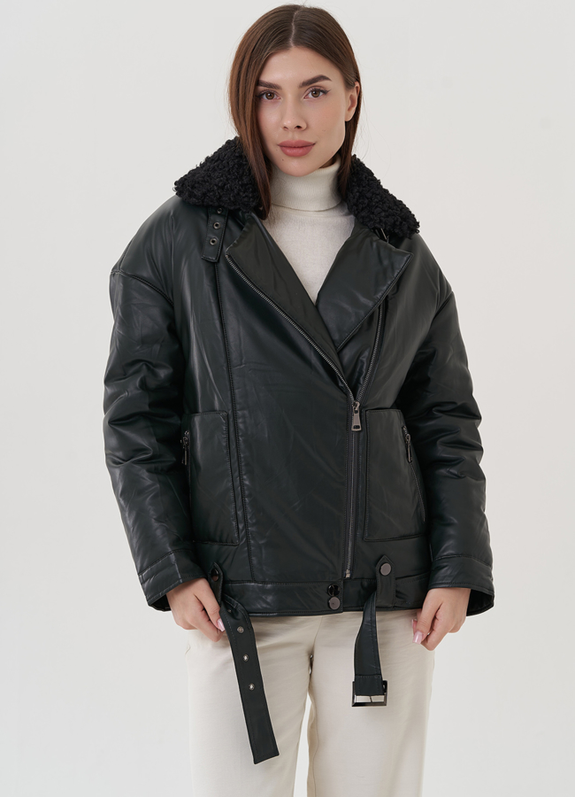 Косуха утепленная из экокожи с отделкой из экомеха модель № 25343 универмаг малина