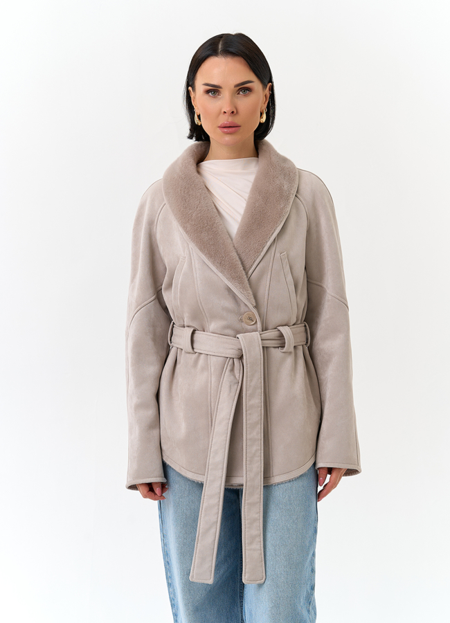 Женская дубленка из эко замши с поясом модель № 32793 в рассрочку