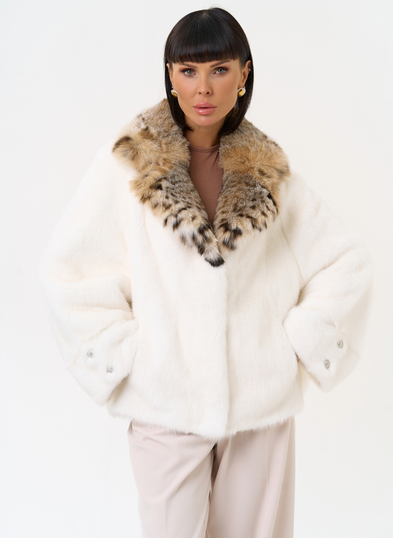 Куртка из меха норки с английским воротником из меха рыси