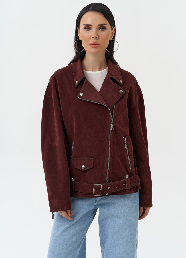 Куртка косуха из эко замши бордового цвета модель № 30374 в кредит