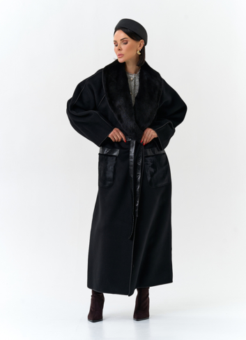Женское длинное пальто с воротником из меха норки Женское длинное пальто с воротником из меха норки