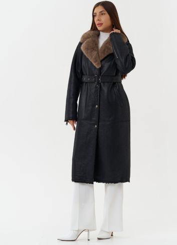 Длинная дубленка из эко кожи с английским воротником