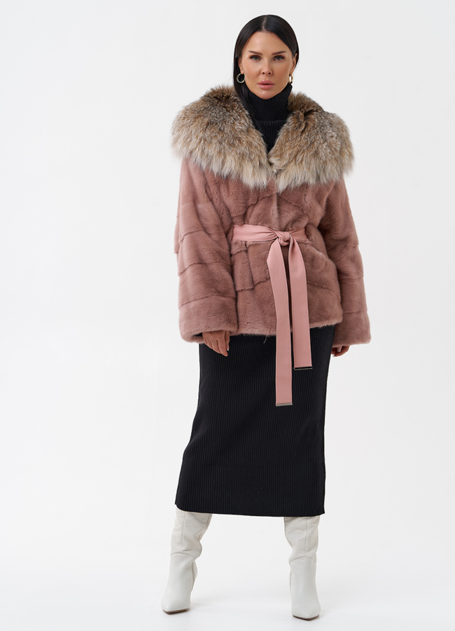 Короткая шуба из норки с капюшоном из рыси модель № 29264 универмаг малина