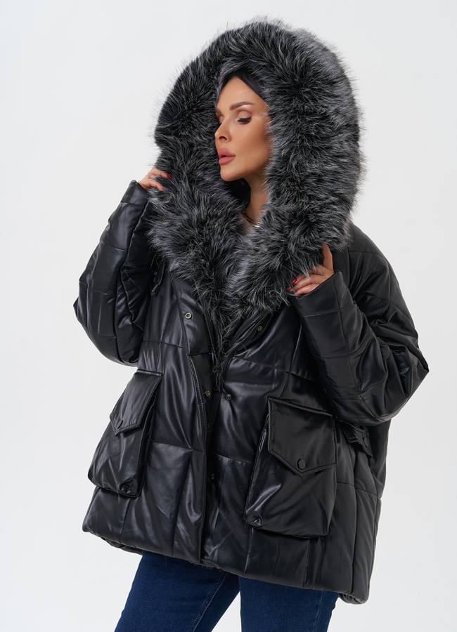 Пуховик из эко кожи с капюшоном из эко меха  модель № 27707 универмаг малина