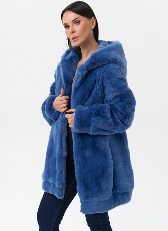 Шуба из меха кролика с капюшоном