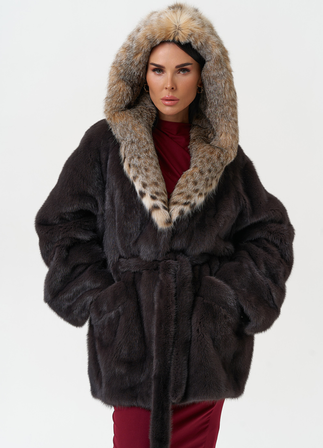 фото Женская шуба из меха норки с капюшоном из меха рыси модель № 31164