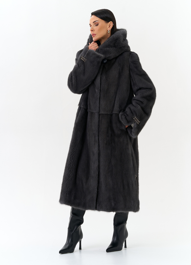 Женская шуба из меха норки с капюшоном модель № 32108 в рассрочку