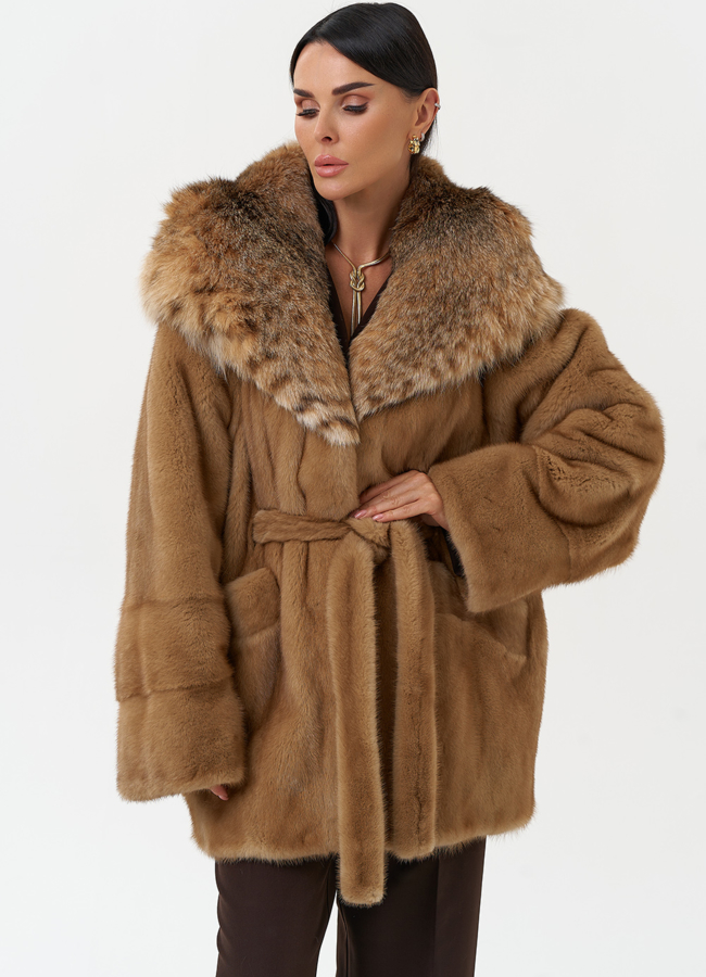 фото Женская шуба из меха норки с капюшоном из меха рыси модель № 31165