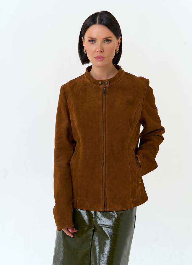 Женская куртка мото из натуральной замши модель № 33140 меха малина