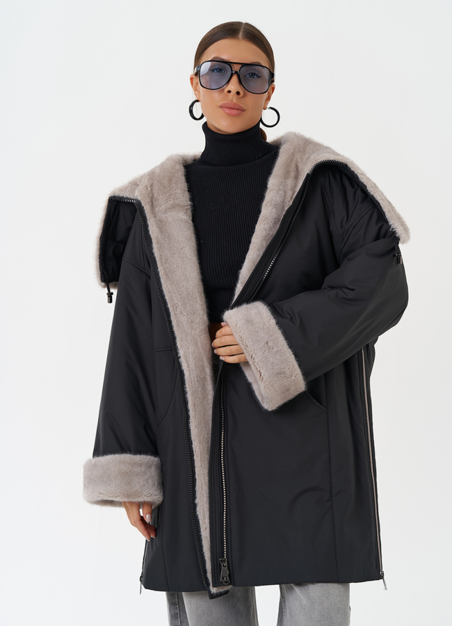 Пуховик с отделкой из эко меха  модель № 28836 меха малина