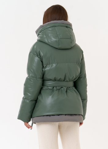 Женский пуховик из эко кожи с поясом