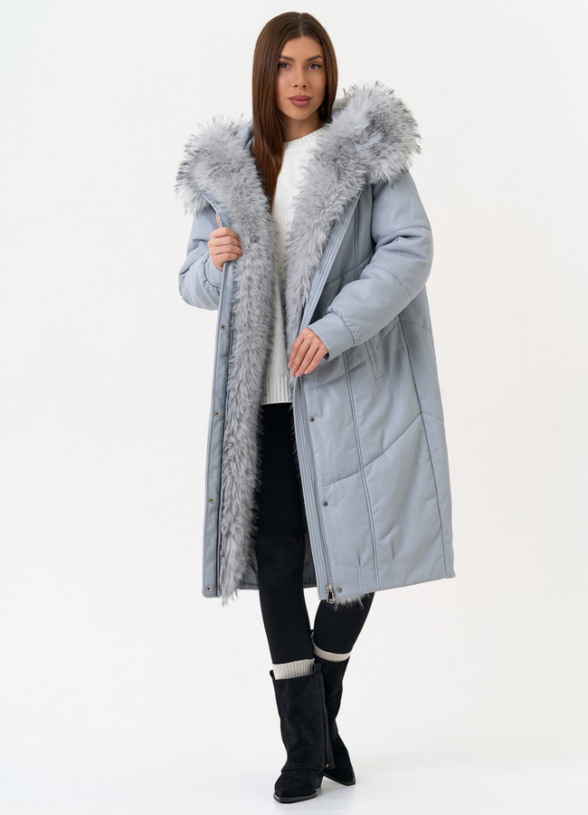 Женский пуховик из эко кожи с отделкой из эко меха модель № 30720 меха малина