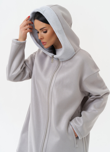 Двухсторонняя дубленка из эко замши с капюшоном