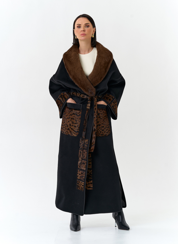 Женское длинное пальто с воротником из меха норки