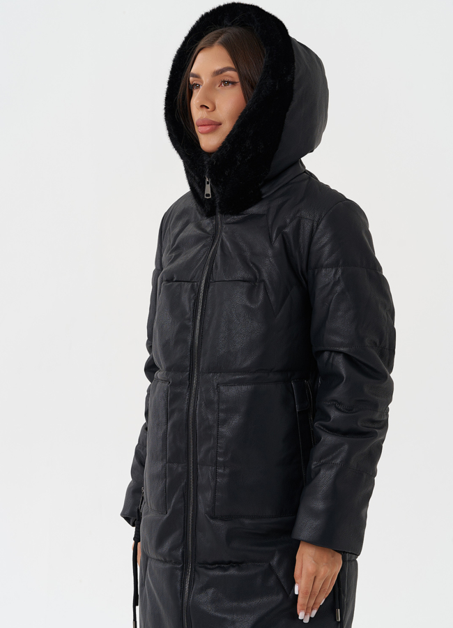 Стеганое пальто из эко кожи модель № 27732 универмаг малина