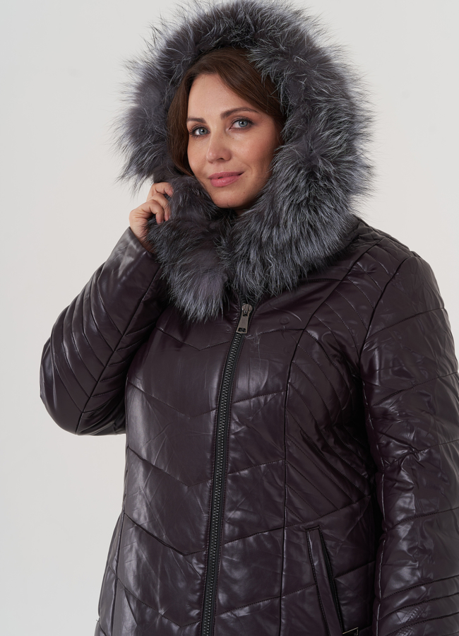 Пуховик из эко кожи с капюшоном на молнии модель № 25703 в кредит