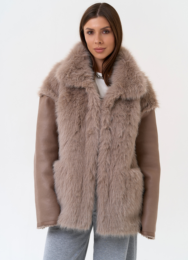 Женская дубленка из эко замши с отделкой из эко меха модель № 31325 меха малина