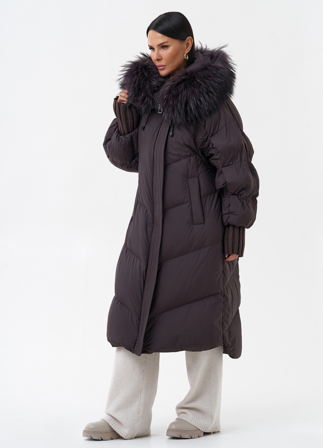 Длинный женский пуховик с капюшоном модель № 29359 универмаг малина